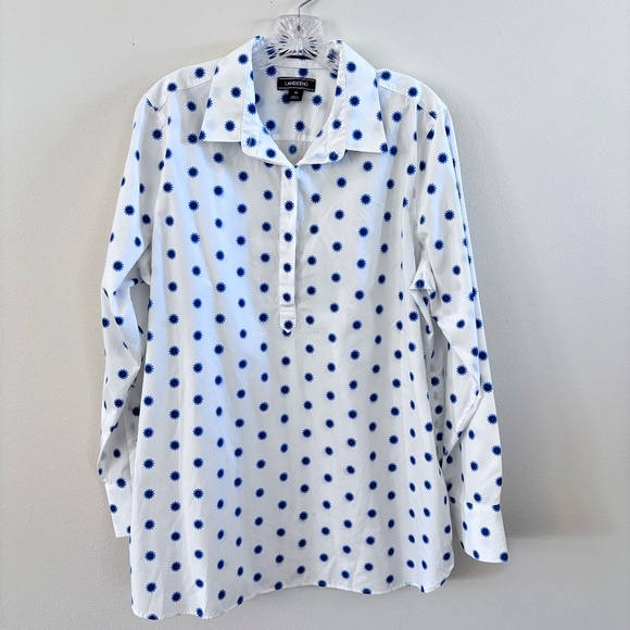 Lands' End Women's Front Button White w/ Blue Pattern SZ 16 Blouse Long Sleeve - Picture 9 of 11